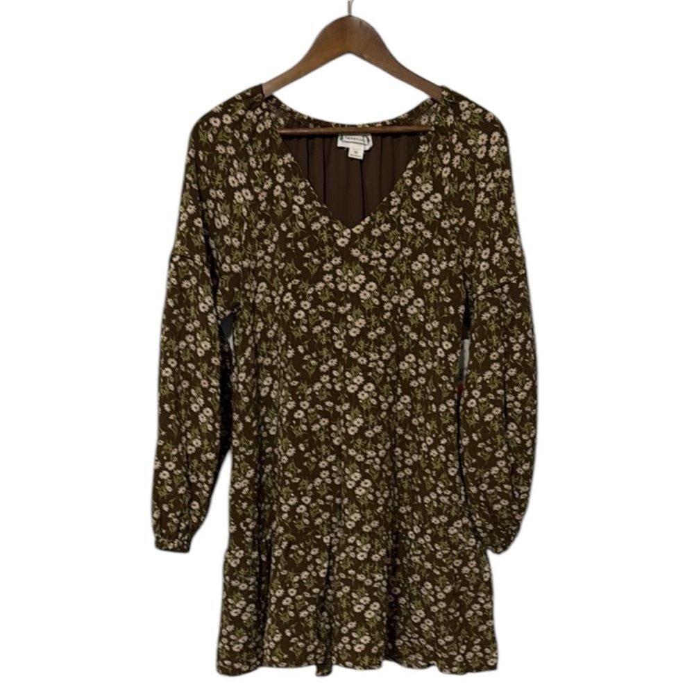 NWT Love Riche Long Sleeve V Neck Floral Dress Ruffle Neutral Women's Medium - Picture 1 of 12